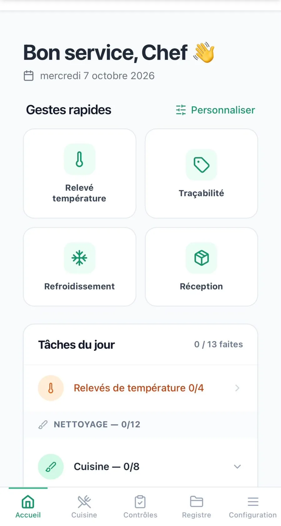 Écran d'accueil de l'application ZAPEM HACCP : gestes rapides (relevé de température, traçabilité, refroidissement, réception) et tâches du jour