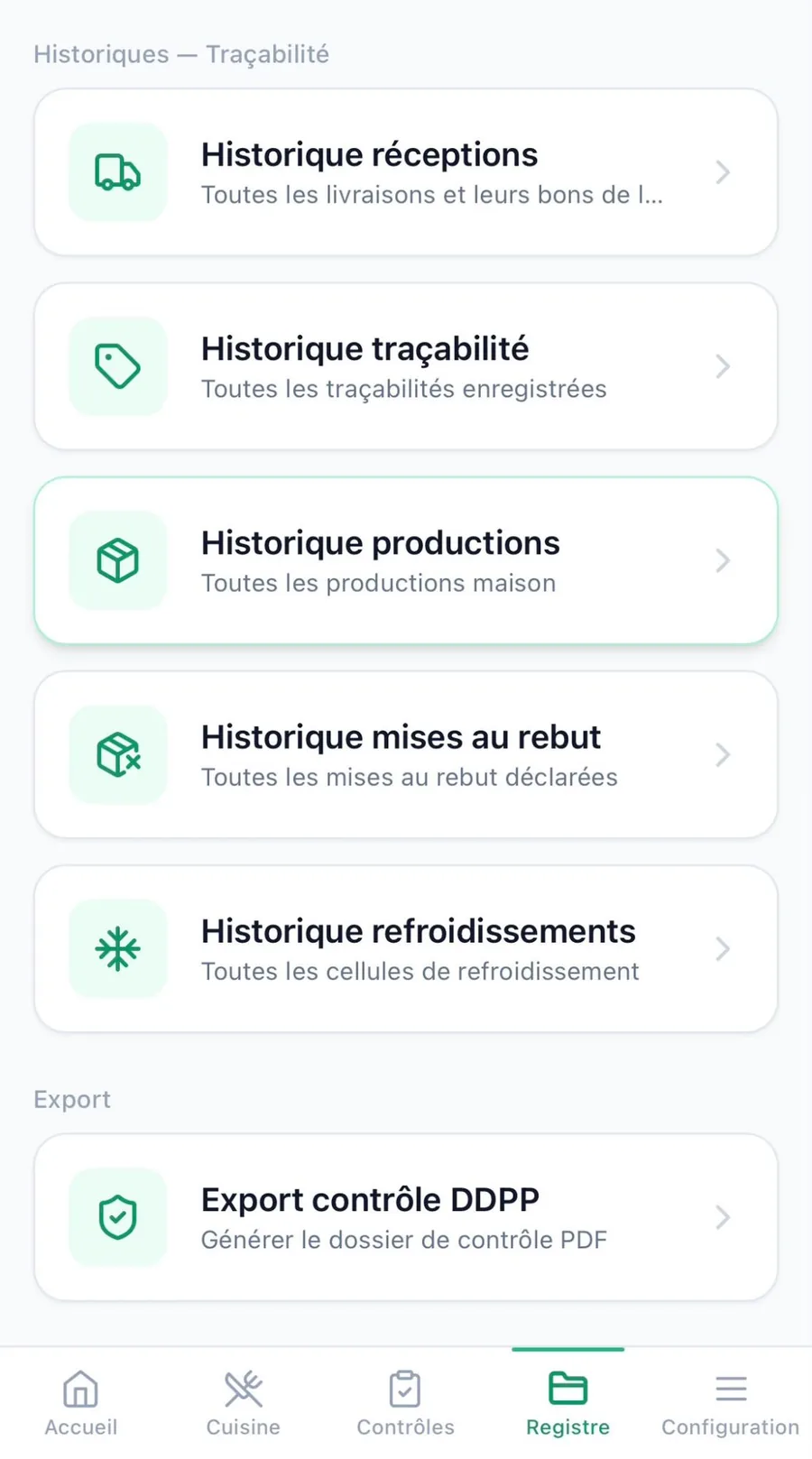 Écran Registre : historiques de traçabilité et export du dossier de contrôle DDPP en PDF